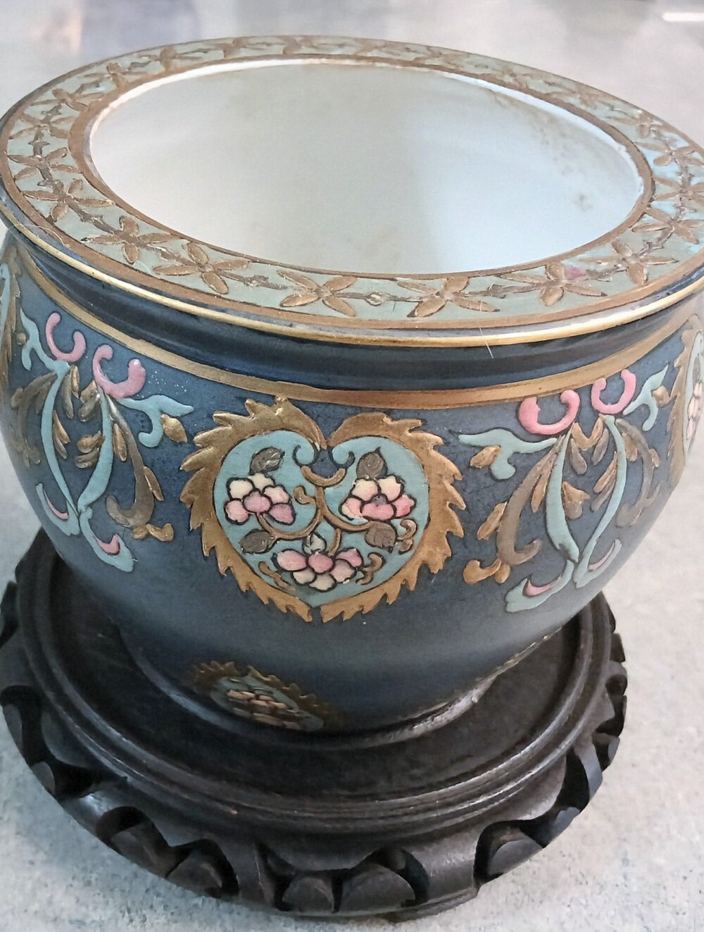 Vintage Blue, Pink & Gold Floral Cloisonne' Vase (5 1/2"H x 6 1/4"W)